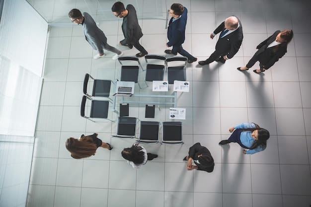 A top-down view of a meeting room where a team of financial advisors and defense industry executives are discussing strategies for claiming 