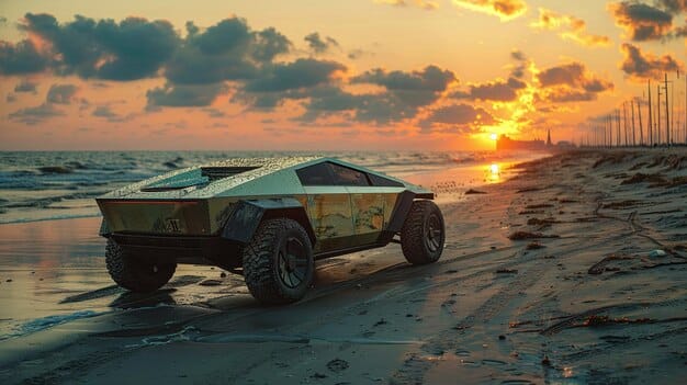 A futuristic, energy-efficient military vehicle driving through a desert landscape, showcasing the integration of green technologies in defense equipment. The vehicle's design emphasizes sustainability and reduced environmental impact as part of Defense Industry Sustainability: Reducing Environmental Impact and Promoting Green Practices in US.