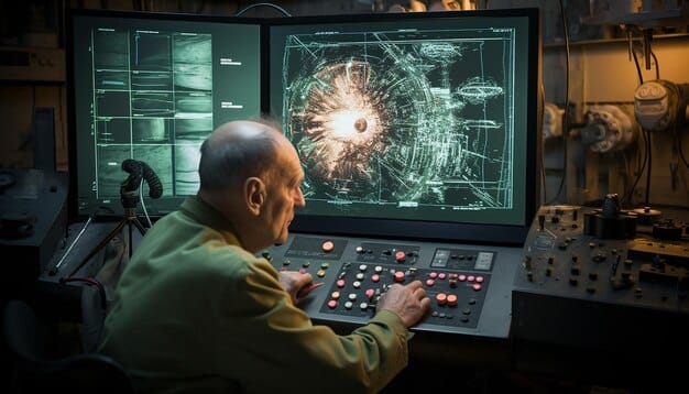 Engineers showcasing a schematic of a new hypersonic missile in a high-tech lab, with digital readouts and advanced computing equipment in the background