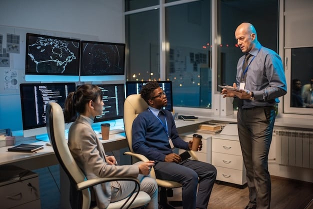 A diverse team of defense contractors in a meeting room, intensely discussing project plans on a large digital screen, signifying strategic collaboration and innovation