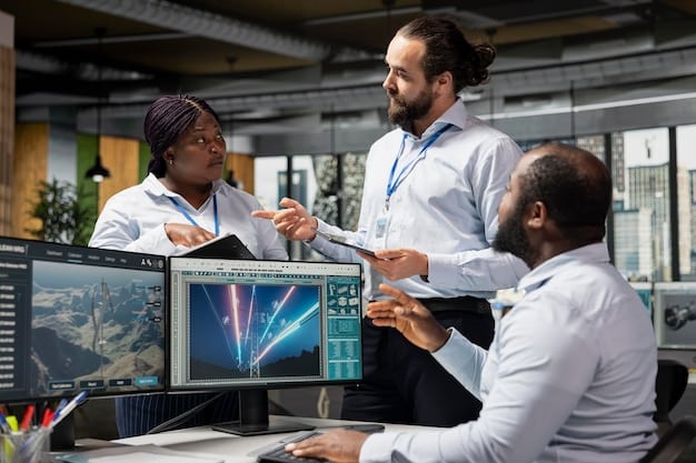 A diverse group of engineers and technicians collaborating in a high-tech lab, surrounded by computer screens displaying complex defense system schematics, illustrating innovation and development.