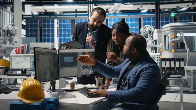 A diverse group of engineers and technicians working collaboratively in a high-tech manufacturing facility, demonstrating innovation and specialized skill.