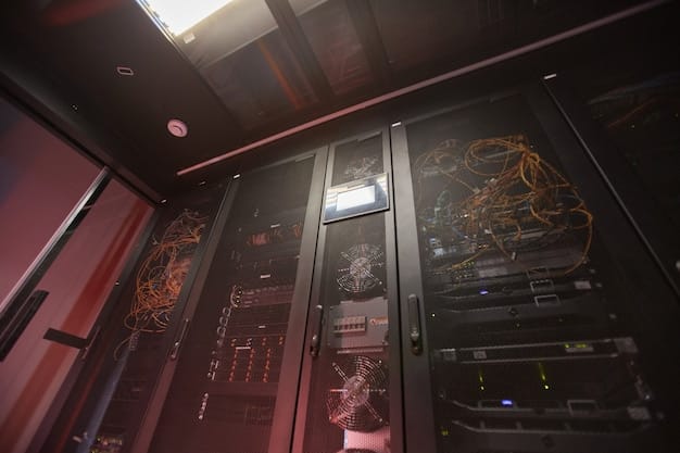 A detailed close-up of a computer server room with blinking lights and complex wiring, interspersed with digital overlays of code and cyber security symbols. Focus on the layers of security and defense systems in place, signifying the importance of Cyber Command's infrastructure protection efforts.
