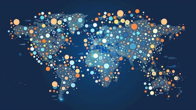 A global map with interconnected nodes representing various countries, highlighting the collaborative network orchestrated by the US Military Cyber Command. The map should show data streams flowing between nations, symbolizing the sharing of cyber threat intelligence and coordinated defense strategies.