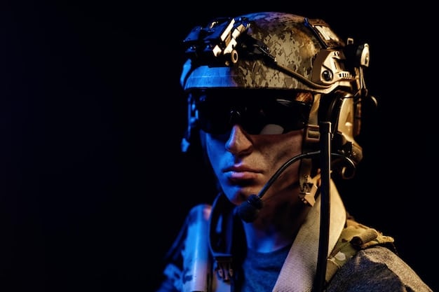 A stylized image of a soldier wearing a advanced helmet displaying augmented reality information. Overlaid on the image are ethical dilemmas and questions, such as 