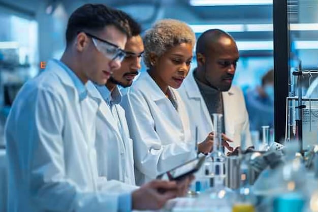A group of scientists and engineers working in a high-tech laboratory, developing new technologies for the military. The scene showcases advanced equipment, computer interfaces, and prototypes of new military technologies.