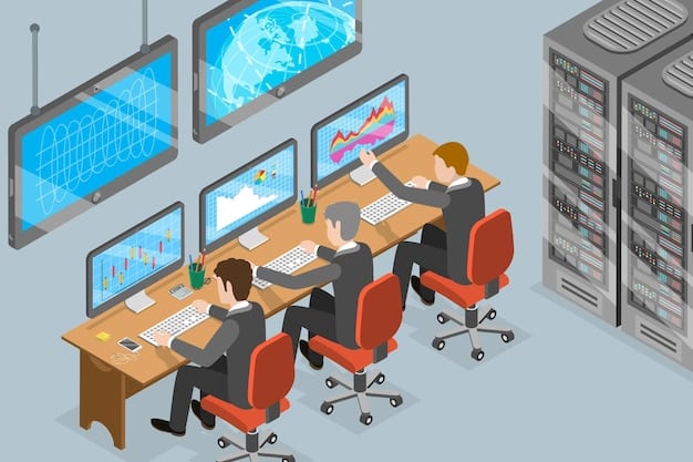 An overhead view of a control center, with personnel monitoring screens displaying telemetry data and orbital paths of the five new national security satellites launched by the US Military Space Force.