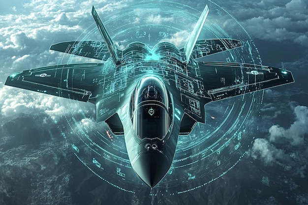 An artistic rendering of advanced sensors and AI systems integrated into the NGAD fighter jet, highlighting its enhanced situational awareness capabilities. The image focuses on the technological aspect of US Military Modernization: Analyzing the Impact of the Next-Generation Air Dominance Program, showcasing the integration of cutting-edge technologies.
