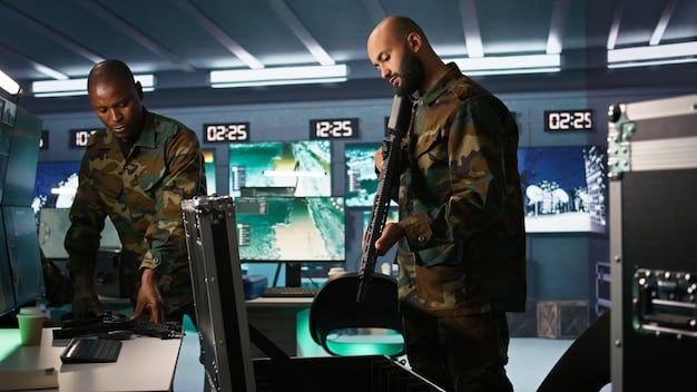 A group of military personnel in a control room, monitoring drone feeds and making strategic decisions. The displays show various types of drones in operation, highlighting the US Military's New Drone Strategy: How Unmanned Systems are Changing Warfare in 2025.