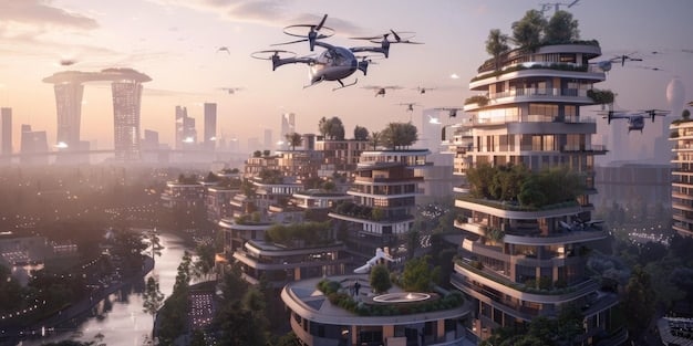 A futuristic cityscape with drones patrolling the skies, equipped with advanced sensors and communication systems. The image symbolizes the US Military's New Drone Strategy: How Unmanned Systems are Changing Warfare in 2025 and its potential implications for urban security.