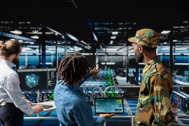 A group of scientists and engineers working in a state-of-the-art quantum computing lab, highlighting the importance of workforce development in advancing quantum capabilities for the US Military.