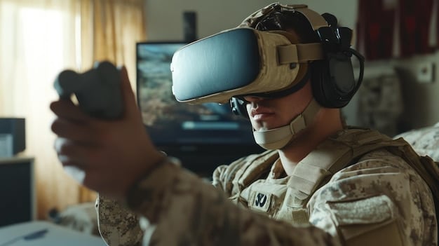A US soldier using virtual reality equipment during a training simulation. The soldier is wearing a VR headset and holding a mock rifle, fully immersed in the virtual environment. The image highlights the advanced technology used in US Military's New Training Initiatives: Preparing Soldiers for Future Battlefields.