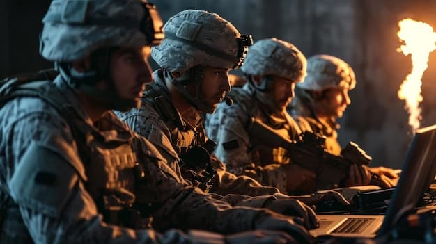 A group of US soldiers participating in a cyber warfare training exercise. They are working at computer terminals, analyzing network traffic and responding to simulated cyber attacks. The image emphasizes the importance of cyber warfare in US Military's New Training Initiatives: Preparing Soldiers for Future Battlefields.