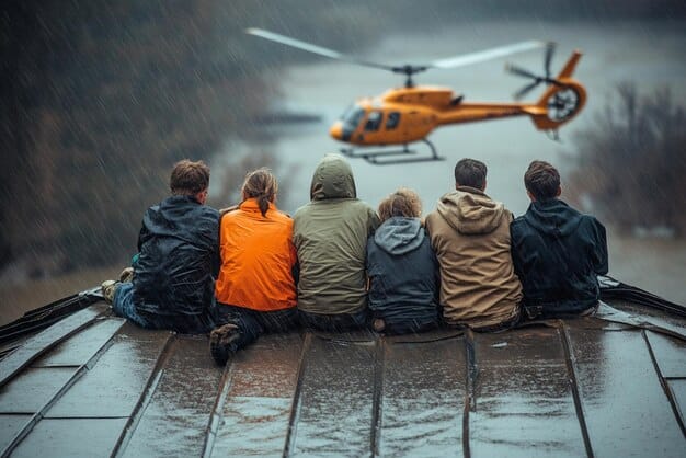 A medium shot shows a National Guard helicopter airlifting stranded residents from the rooftop of a flooded building during a hurricane. The scene is chaotic, with floodwaters swirling around the building. The US Military's Role in Disaster Relief: How the National Guard Responded to Recent Hurricanes is evident in the urgency and efficiency of the rescue operation.