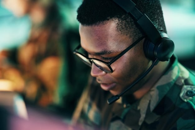 A soldier wearing the Microsoft IVAS headset during a training exercise. The headset displays tactical information and provides enhanced night vision capabilities. The background shows a realistic simulated battlefield environment.