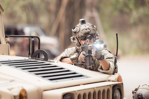 A soldier operating a portable jamming device in a field setting, with a military vehicle in the background. The setting should appear realistic and represent US military training exercises.  The device is actively emitting signals, visualized as faint waves in the air.