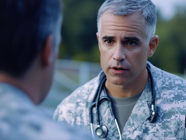 A close-up shot of a US military therapist in uniform listening intently to a service member. The scene is in a counseling office with a supportive and confidential atmosphere. This image emphasizes the importance of professional mental health support within the US Military's Efforts to Improve Mental Health Support for Service Members: A New 5-Year Initiative.