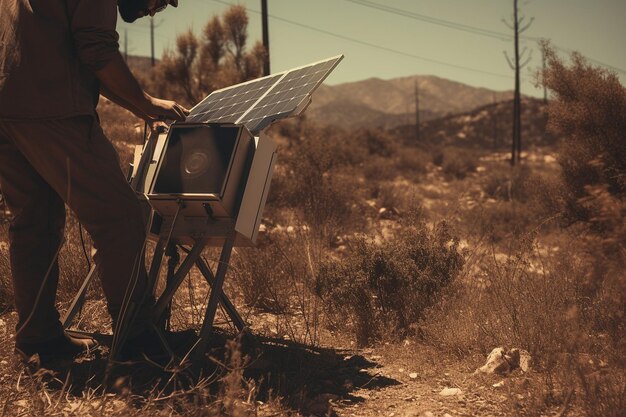 A close-up of a soldier using a portable solar-powered generator in a field setting, demonstrating the military's adoption of renewable energy solutions for forward operating bases. US Military's Energy Efficiency Initiatives: Reducing Carbon Footprint and Enhancing Sustainability.