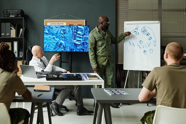 A group of military personnel attending a training session on energy conservation techniques, illustrating the importance of education and awareness in promoting sustainable practices. US Military's Energy Efficiency Initiatives: Reducing Carbon Footprint and Enhancing Sustainability.
