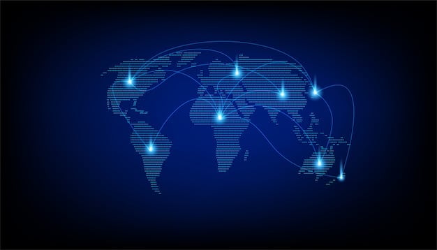 A world map with interconnected lines symbolizing the global reach of AI technology. The United States is highlighted, with lines extending to various countries, depicting potential collaborations and tensions due to the increased US defense spending on AI. The map represents the interconnectedness of nations in the context of AI development and deployment.