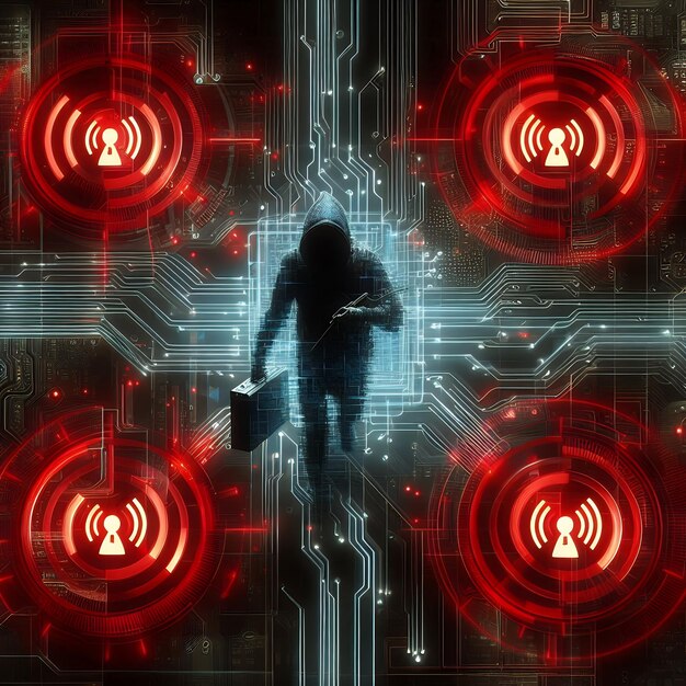 A digital depiction of an Advanced Persistent Threat (APT) infiltrating a network, visualized as a stealthy, glowing entity moving through a web of interconnected servers and firewalls. This illustrates the complexity and covert nature of What are the Three Key Global Cyber Threats the US Military is Preparing for in 2025?.