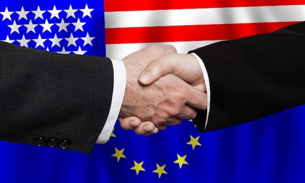 A split image showing a handshake between two leaders representing different countries on one side, and a group of protestors holding signs opposing trade agreements on the other side. This illustrates the mixed reactions to new US Foreign Policy: How Will the New Trade Agreements Affect International Relations in the Next 6 Months?.