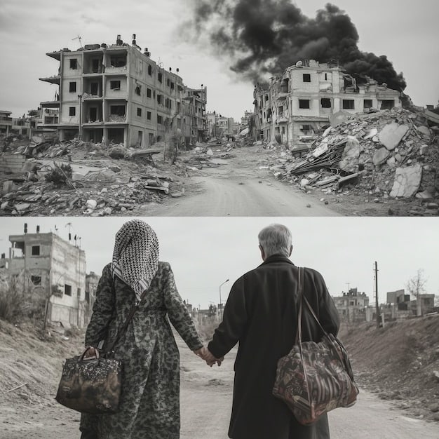 A collage of images representing various conflicts in the Middle East, including scenes from Syria, Yemen, and Israel-Palestine, with symbols of different armed groups and international forces operating in the region.