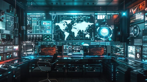 A command center filled with screens displaying satellite tracking data and simulations of potential space conflicts. Military personnel are seen monitoring the data, reflecting the operational readiness and strategic importance of space defense in the US military.