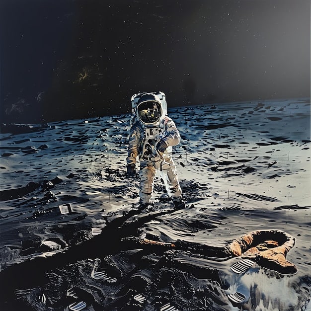 A split image contrasting the peaceful exploration of space (e.g., astronauts on the moon, scientific satellites) with militarized space activities (e.g., anti-satellite weapons, military satellites). The image visually represents the tension between the cooperative ideals of space exploration and the competitive realities of military strategy.