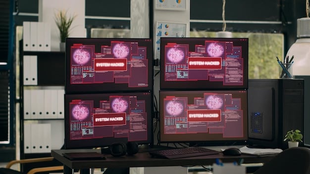 A visual of a security operations center (SOC) with multiple screens displaying threat intelligence data, dashboards showing network activity, and analysts monitoring potential security alerts. The scene is active and focused, highlighting the constant vigilance required in modern cybersecurity. Small details in the displays visually reference Understanding the 7% Rise in US Investment in Cybersecurity.