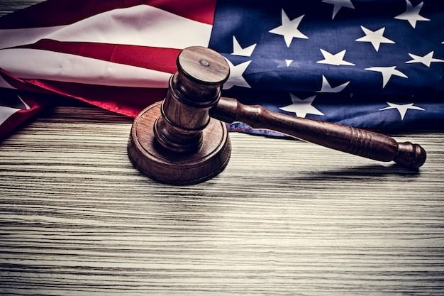 An image depicting a gavel hitting a sound block with a US flag in the background, representing the legal and authoritative nature of US sanctions. The scene is set in a courtroom, symbolizing the enforcement and implications of these sanctions.