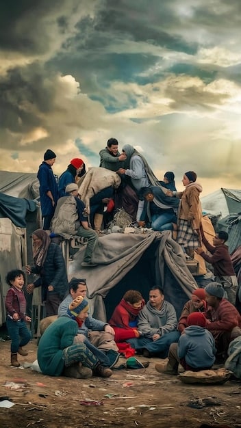 A photo showing a large group of displaced people in a refugee camp, with makeshift tents and limited resources. Make it look as if they have been affected by a natural disaster and are seeking better weather conditions in a safer place. The image represents the human impact and displacement caused by climate change, influencing How Will the US Response to Global Climate Change Affect International Security in the Next Year? .