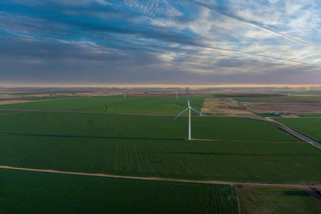 An aerial shot of a wind farm or solar panel field. The image highlight the use of renewable energy and reduction on the environmental impact of burning fossil fuels. This could be linked with the question of How Will the US Response to Global Climate Change Affect International Security in the Next Year?
