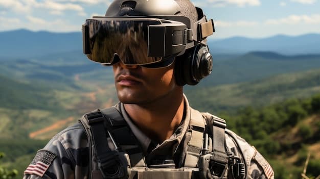 A US Army soldier wearing advanced augmented reality goggles, showcasing the integration of digital technologies into military operations and the concept of How Will the US Military's Modernization Efforts Affect its Global Power Projection in the Next 2 Years?. The image should be in a training environment.