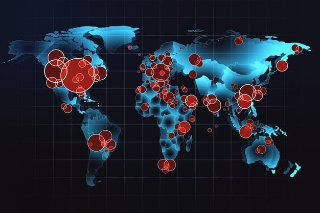 A digital rendering showing a world map with highlighted regions indicating areas of high terrorist activity. Red zones represent active conflict areas, while orange zones show areas with known terrorist cells. The map is overlaid with data streams and network connections, symbolizing the interconnectedness of global terrorism and the need for comprehensive counterterrorism strategies.