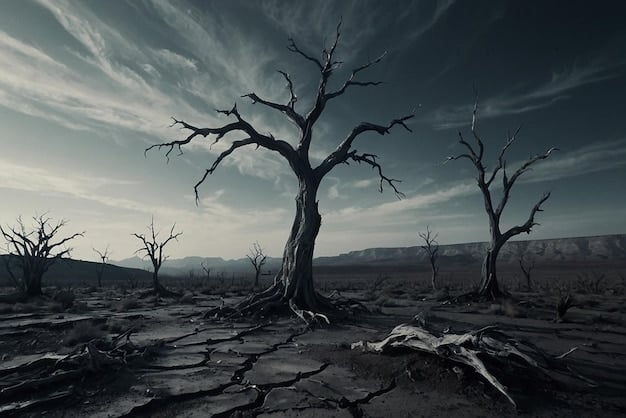 A dramatic image showing a cracked earth landscape with barren trees set against a stormy sky. The overall color scheme is dominated by browns, greys, and dark blues. A subtle overlay of statistical data related to global temperature increases and climate-related disasters may be included. Caption: 