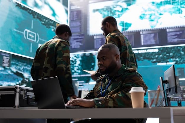 A diverse group of diplomats and military personnel collaborating in a high-tech control room, working together to address a hybrid warfare situation. Screens display data related to cyber threats, disinformation campaigns, and military operations. The scene signifies the integrated approach needed for modern conflict resolution. The image illustrates How Does the US Military's Focus on Hybrid Warfare Impact International Conflict Resolution Strategies? in a practical setting.