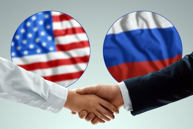 A photo showing a handshake between US and Russian officials during a signing ceremony for the New START treaty, emphasizing international cooperation and the commitment to nuclear arms reduction. The backdrop includes flags of both countries.