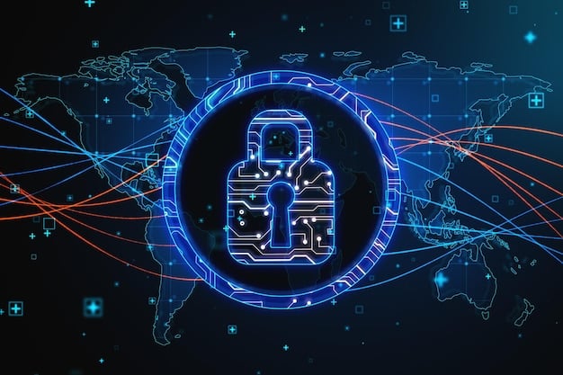 A stylized depiction of interconnected military networks, with glowing lines representing data flow and a padlock icon symbolizing cybersecurity.