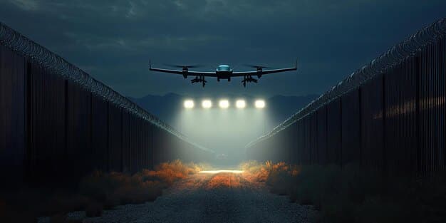 A drone flying over a futuristic military base at night, symbolizing advanced surveillance and integrated defense systems.