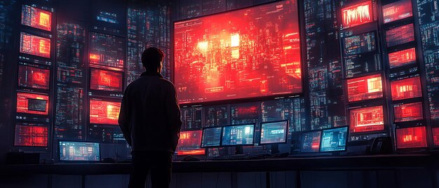 A cybersecurity specialist monitoring multiple screens displaying intricate network diagrams and real-time threat alerts, emphasizing digital defense.