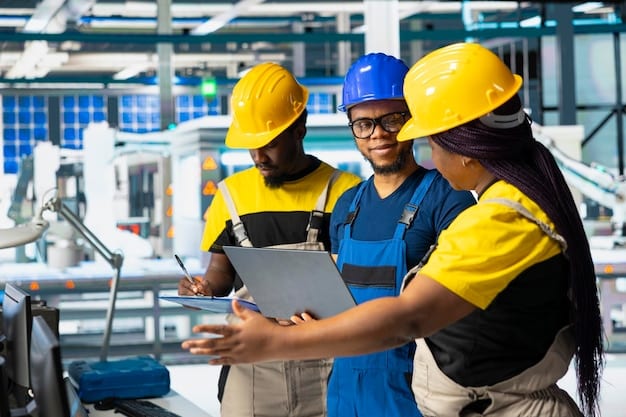 A diverse group of factory workers collaboratively operating advanced machinery within a clean, well-lit manufacturing plant.