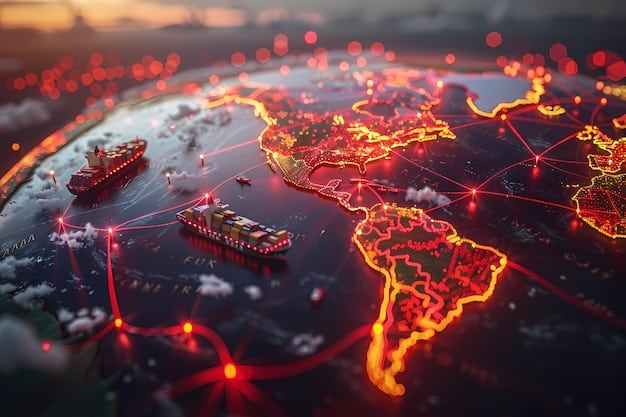 A detailed map of the United States with various industrial sectors highlighted, showing regional specialties and trade routes, emphasizing domestic capabilities.
